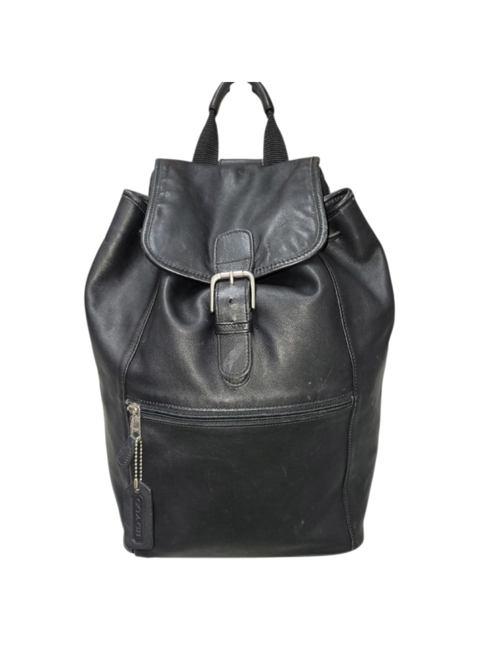 COACH #0529 Adult Unisex Black Drawstring Genuine Leather Large Backpack Pre-own